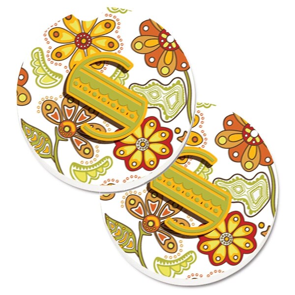 Carolines Treasures Letter S Floral Mustard and Green Set of 2 Cup Holder Car Coaster CJ2003-SCARC - main